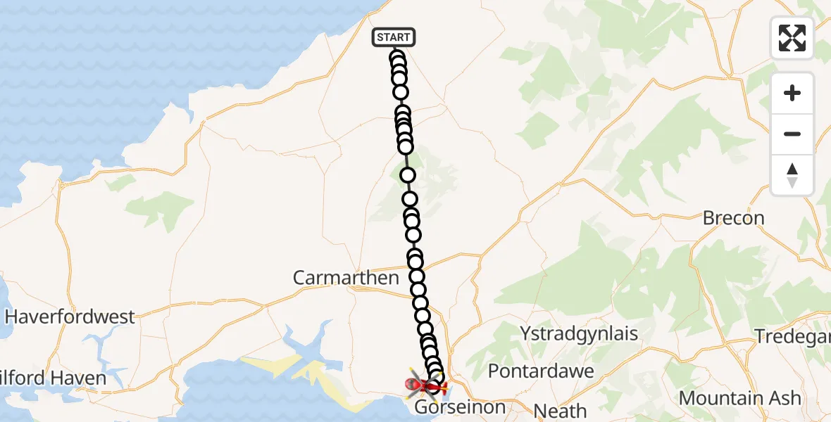 Flight route Air Ambulance Helicopter Ciliau Aeron - Dafen, 14 May 2026, 18:21