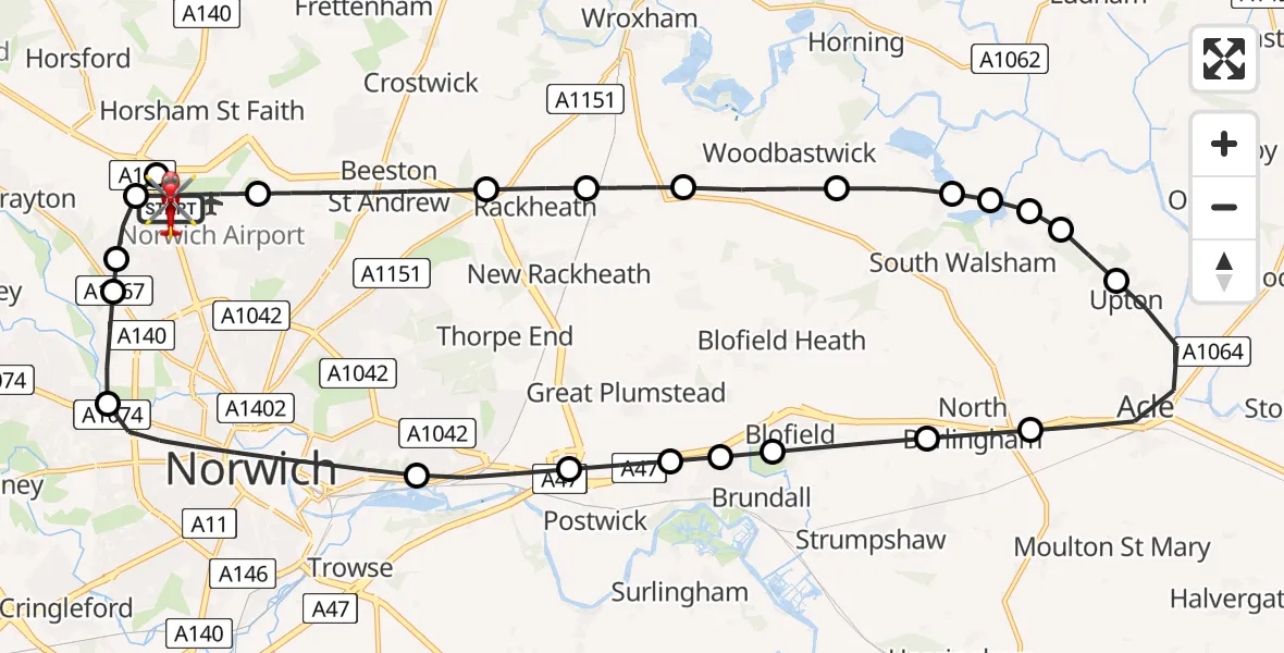 Flight route Air Ambulance Helicopter Norwich Airport - Norwich Airport, 14 May 2026, 18:27
