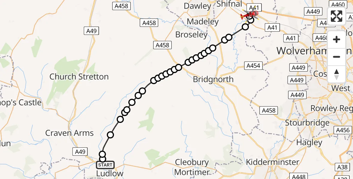 Flight route Air Ambulance Helicopter Bromfield - Tong, 14 May 2026, 18:32