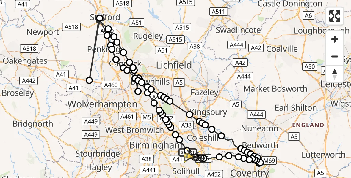 Flight route Police Helicopter Garretts Green - Birmingham Airport, 14 May 2026, 18:38