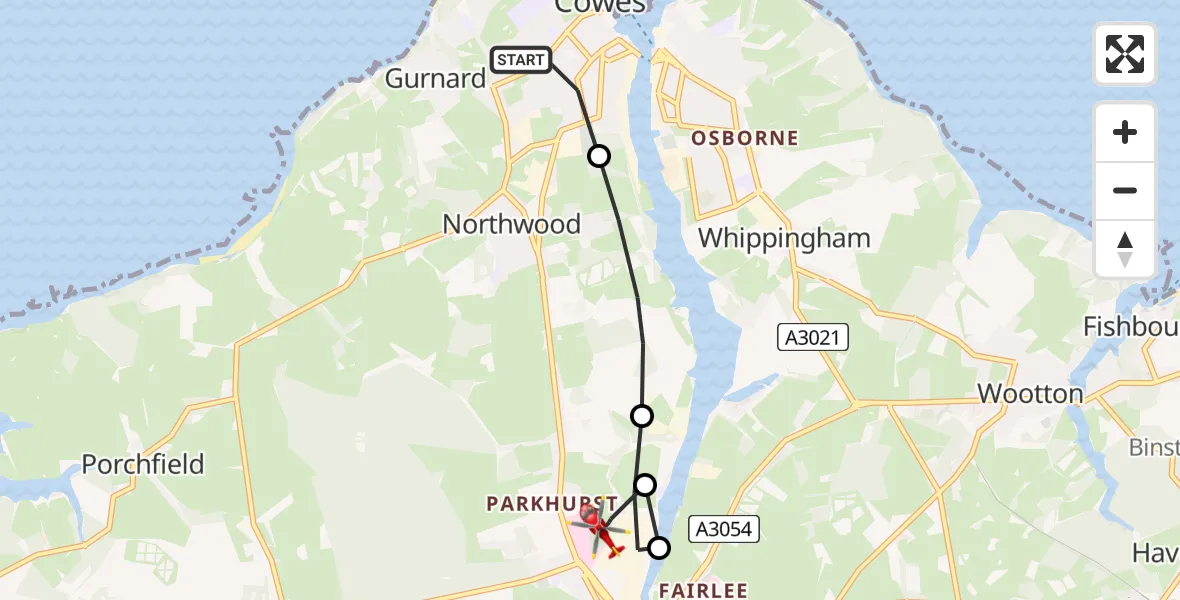 Flight route Air Ambulance Helicopter Cowes - Newport, 14 May 2026, 18:58