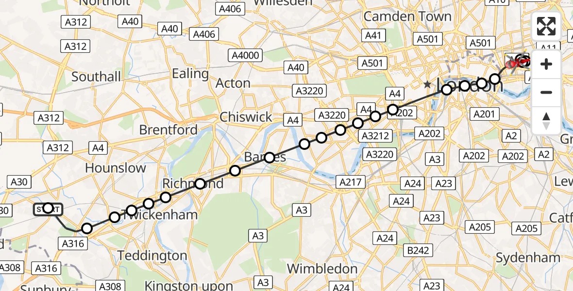 Flight route Air Ambulance Helicopter Feltham - Royal London Hospital, 14 May 2026, 19:02