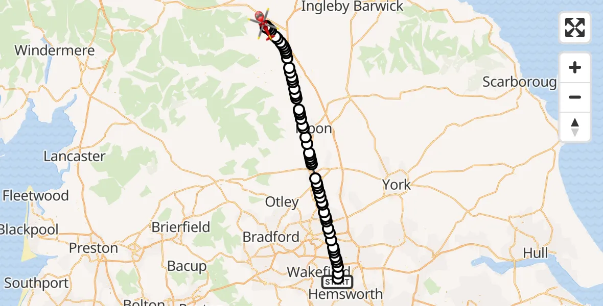 Flight route Air Ambulance Helicopter YAA Nostell Helicopter Port - Kirby Hill, 14 May 2026, 19:12