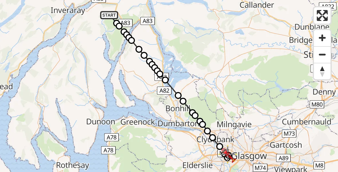 Flight route Air Ambulance Helicopter Argyll and Bute - Queen Elizabeth Hospital, 14 May 2026, 19:19