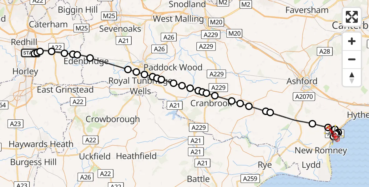 Flight route Air Ambulance Helicopter Redhill Aerodrome - Dymchurch, 14 May 2026, 19:28