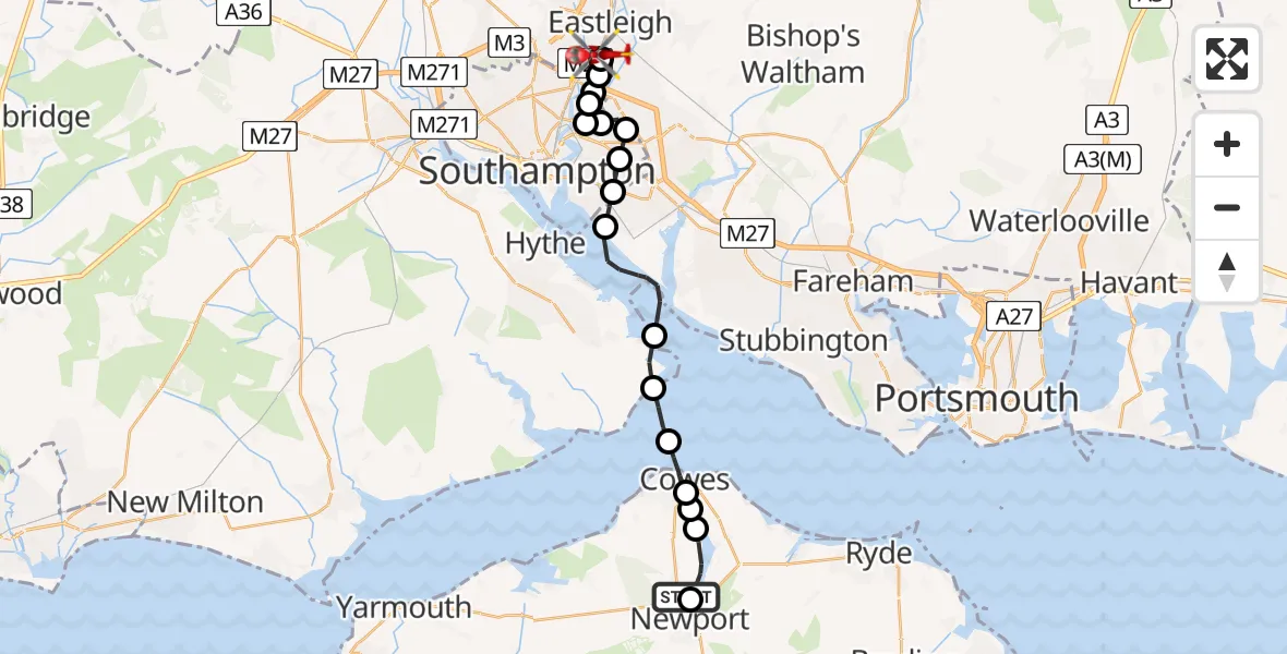 Flight route Air Ambulance Helicopter St Marys Hospital Isle Of Wight - Southampton Airport, 14 May 2026, 19:34
