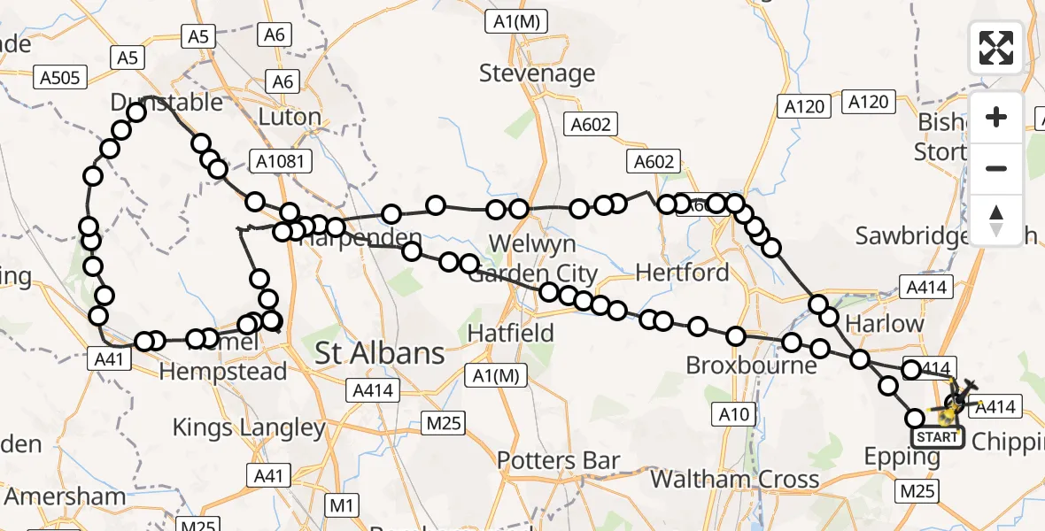 Flight route Police Helicopter North Weald Bassett - North Weald Airfield, 14 May 2026, 19:38