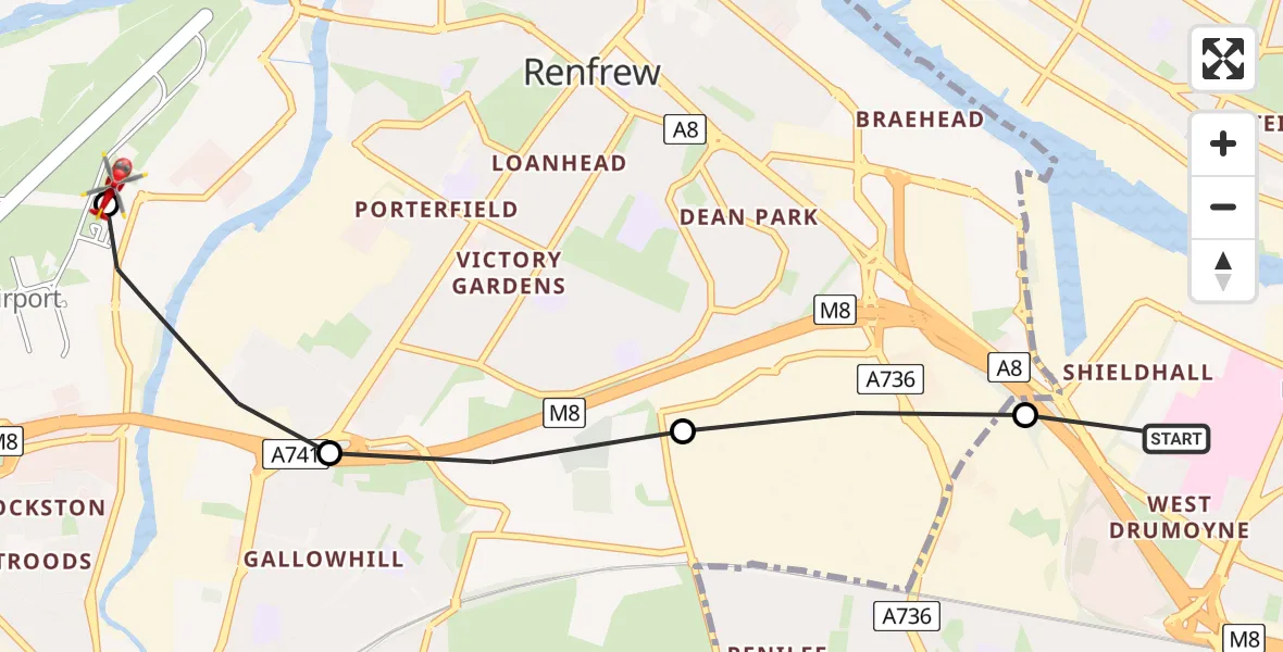 Flight route Air Ambulance Helicopter Queen Elizabeth Hospital - Glasgow Airport, 14 May 2026, 19:45