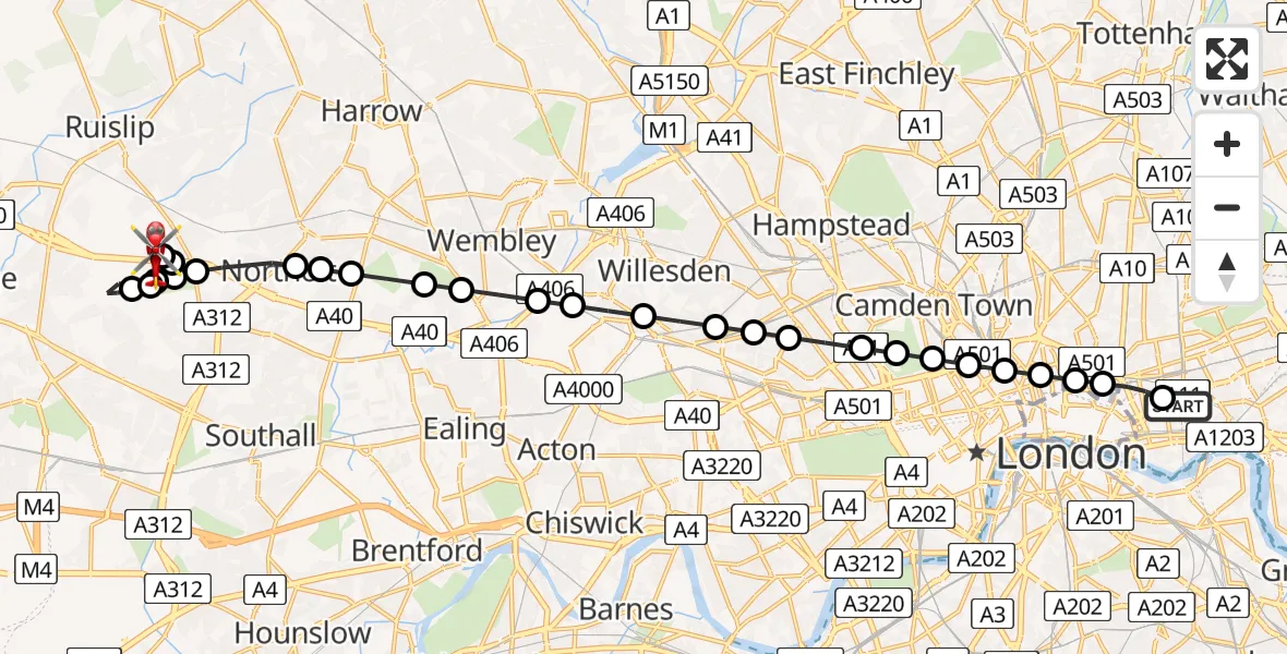 Flight route Air Ambulance Helicopter Royal London Hospital - RAF Northolt, 14 May 2026, 19:47