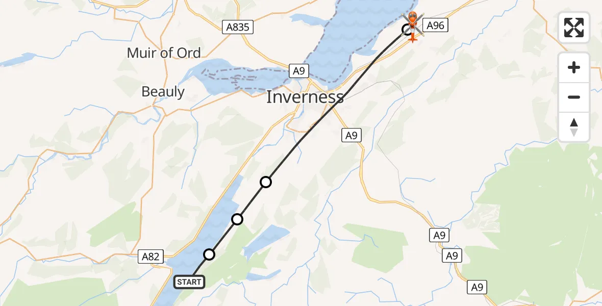 Flight route Coastguard Helicopter Inverfarigaig - Inverness Airport, 14 May 2026, 20:00