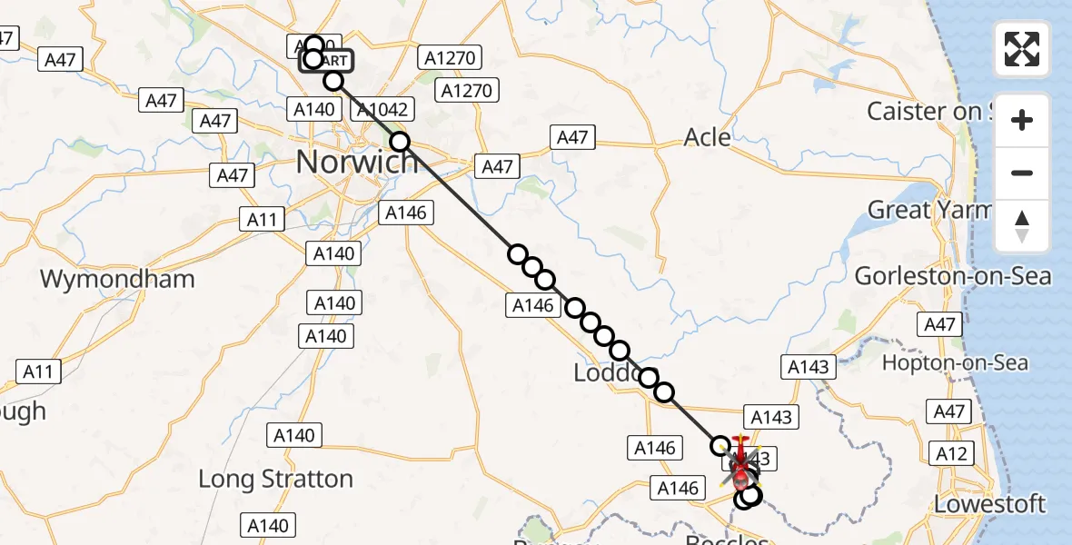Flight route Air Ambulance Helicopter Norwich Airport - Toft Monks, 14 May 2026, 20:06