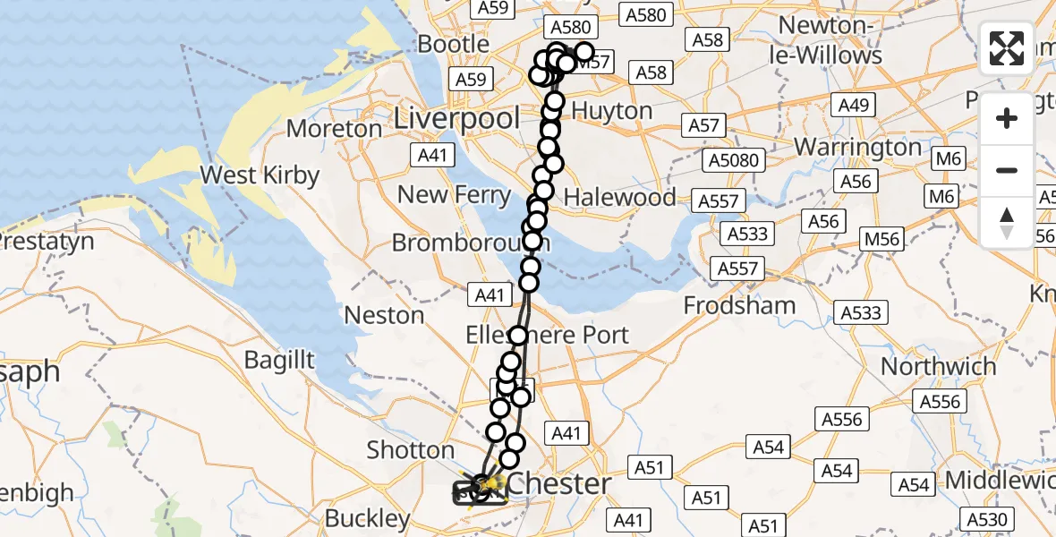 Flight route Police Helicopter Hawarden Airport - Saltney Ferry, 14 May 2026, 20:15