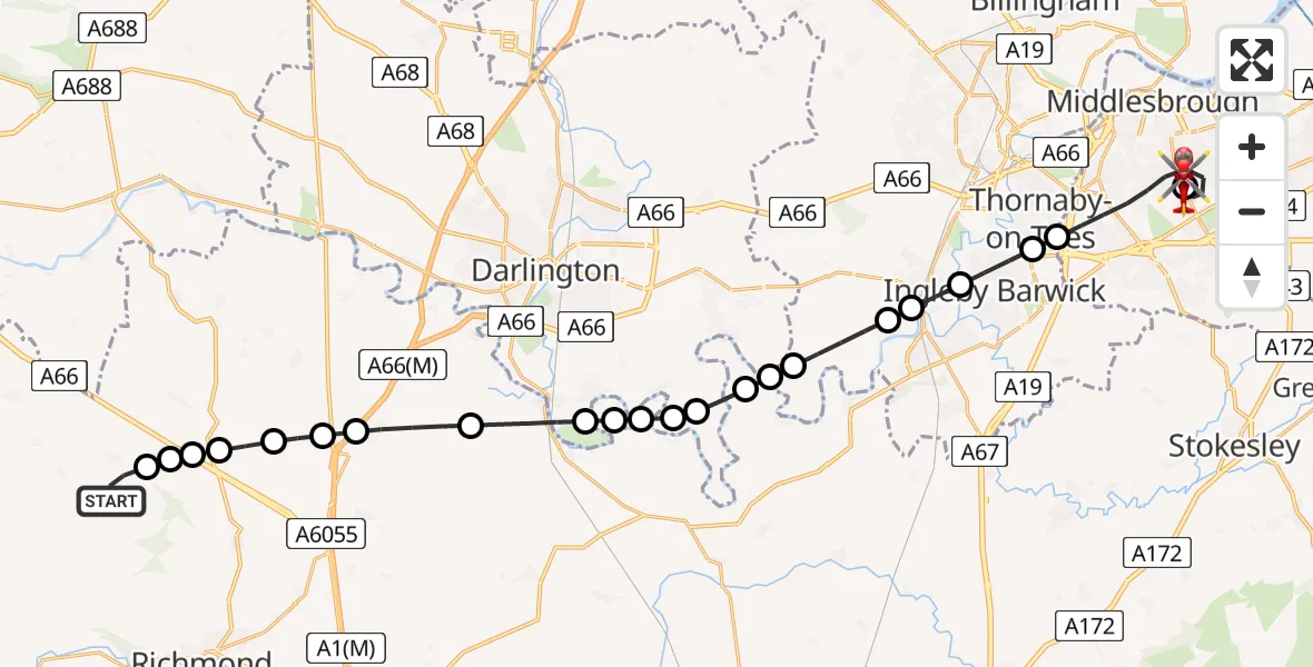 Flight route Air Ambulance Helicopter Kirby Hill - James Cook University Hospital, 14 May 2026, 20:34