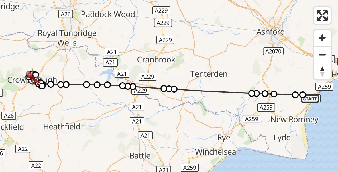 Flight route Air Ambulance Helicopter Dymchurch - Crowborough, 14 May 2026, 20:48