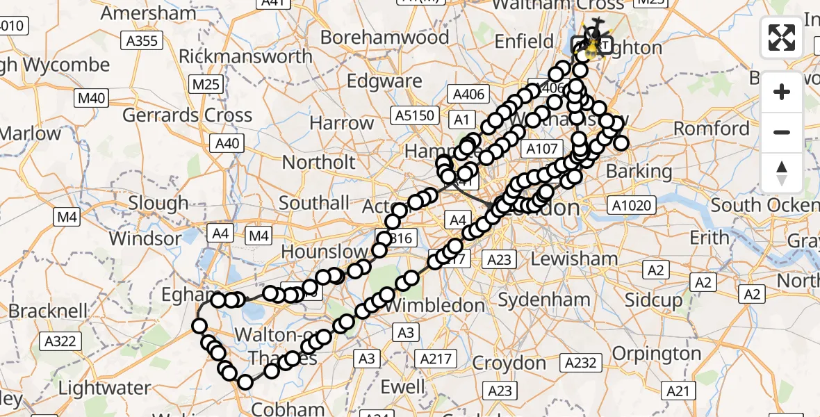 Flight route Police Helicopter Metropolitan Police Air Support Unit Lippitts Hill - Metropolitan Police Air Support Unit Lippitts Hill, 14 May 2026, 20:54