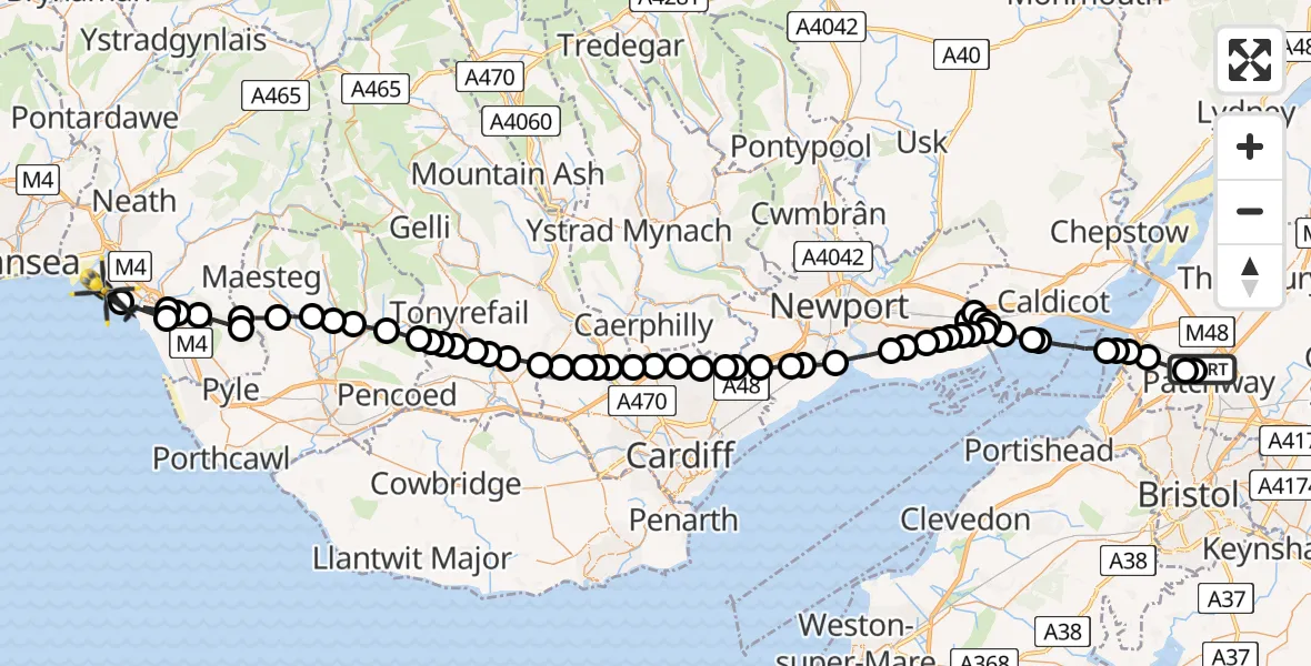 Flight route Police Helicopter Almondsbury - Sandfields, 14 May 2026, 21:16