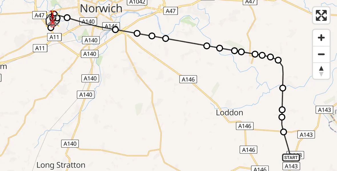 Flight route Air Ambulance Helicopter Toft Monks - Norfolk & Norwich Hospital, 14 May 2026, 21:20