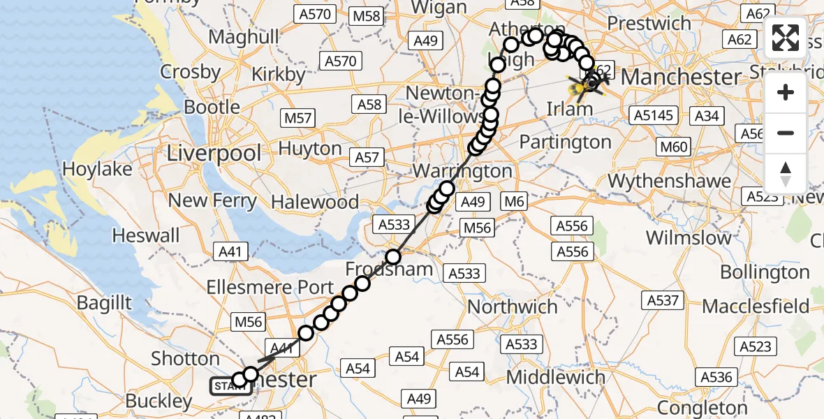 Flight route Police Helicopter Hawarden Airport - Manchester Barton Aerodrome, 14 May 2026, 21:49