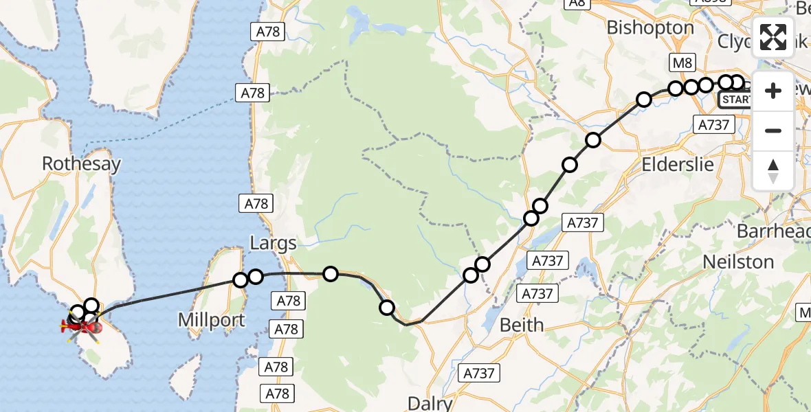 Flight route Air Ambulance Helicopter Glasgow Airport - Inner Seas, 14 May 2026, 21:52