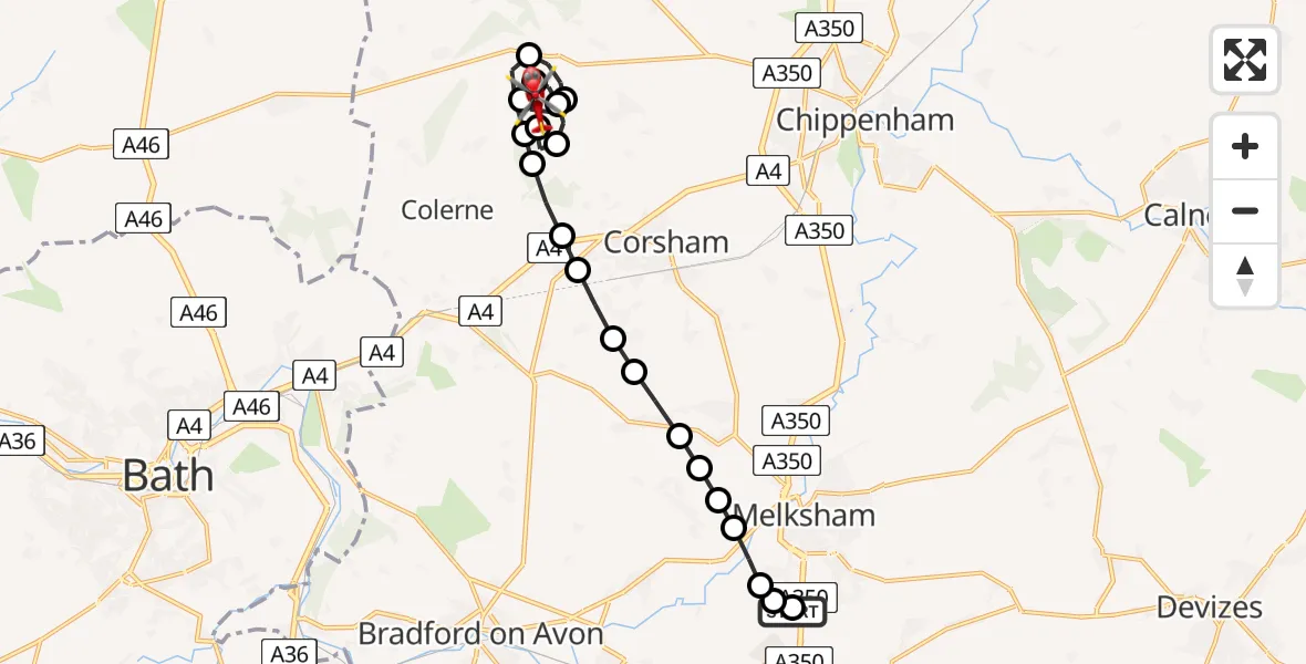 Flight route Air Ambulance Helicopter Wiltshire Air Ambulance - Biddestone, 14 May 2026, 21:54