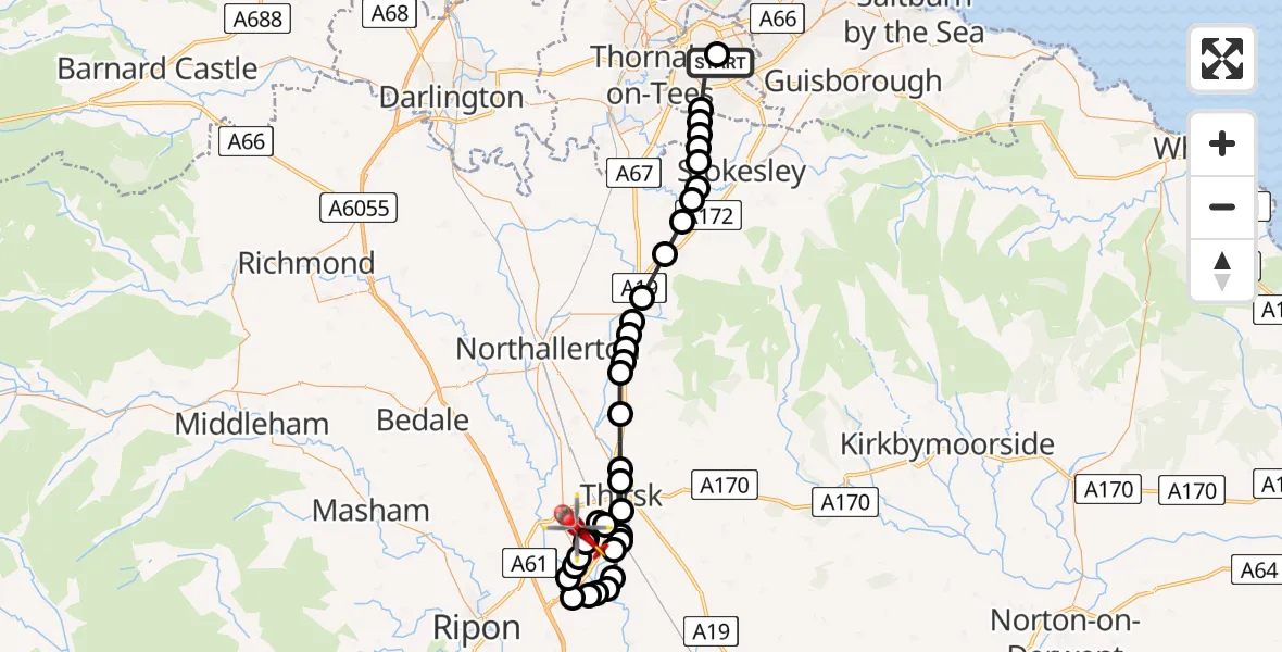 Flight route Air Ambulance Helicopter James Cook University Hospital - RAF Topcliffe, 14 May 2026, 21:55