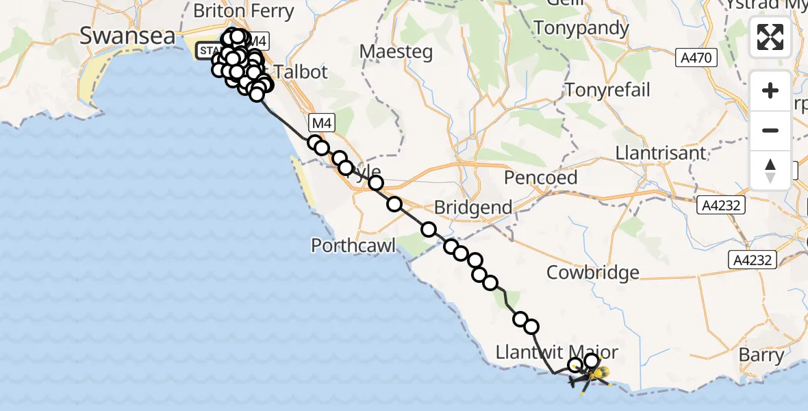 Flight route Police Helicopter Baglan Bay - Llantwit Major, 14 May 2026, 21:55