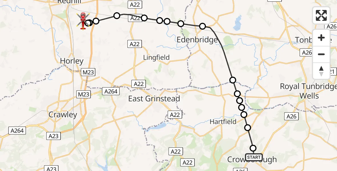 Flight route Air Ambulance Helicopter Crowborough - Redhill Aerodrome, 14 May 2026, 21:56