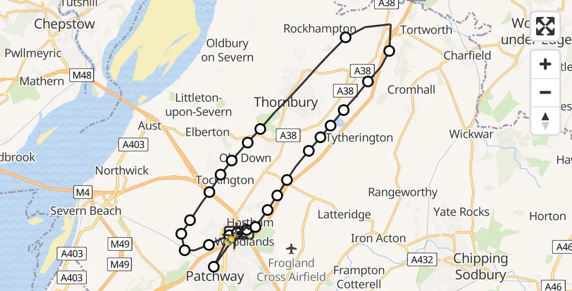 Flight route Police Helicopter Almondsbury Helicopter Base - Almondsbury Helicopter Base, 14 May 2026, 21:57