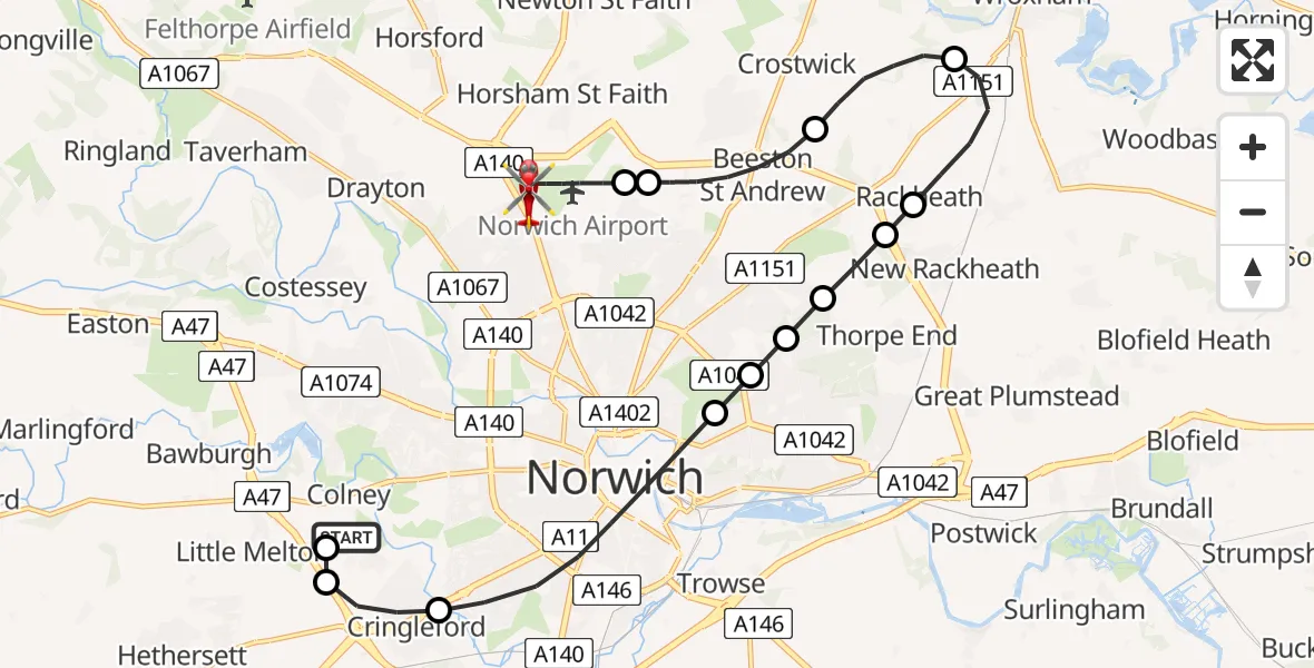 Flight route Air Ambulance Helicopter Norfolk & Norwich Hospital - Norwich Airport, 14 May 2026, 22:30
