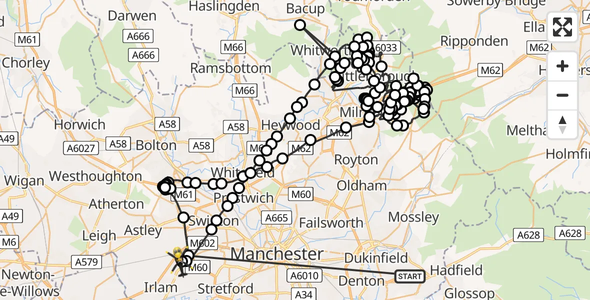 Flight route Police Helicopter Hattersley - Manchester Barton Aerodrome, 14 May 2026, 22:36