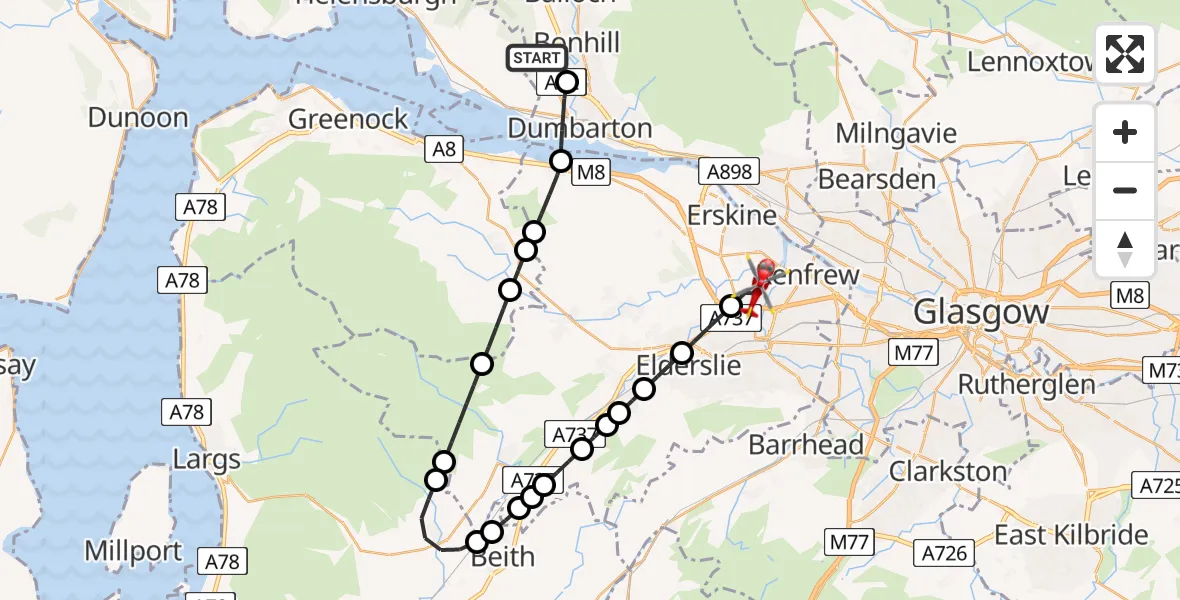 Flight route Air Ambulance Helicopter Renton - Glasgow Airport, 14 May 2026, 22:56