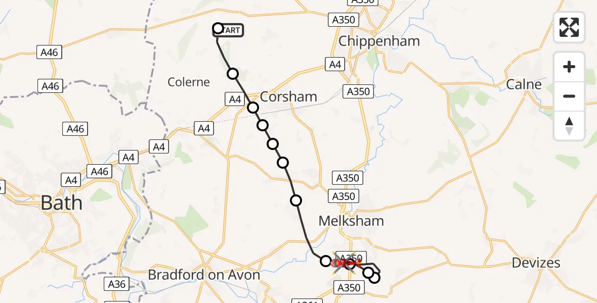 Flight route Air Ambulance Helicopter Biddestone and Slaughterford - Melksham, 14 May 2026, 23:02