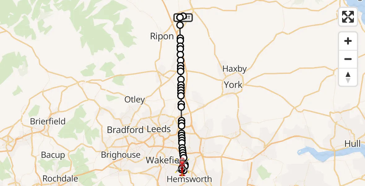 Flight route Air Ambulance Helicopter RAF Topcliffe - YAA Nostell Helicopter Port, 14 May 2026, 23:23