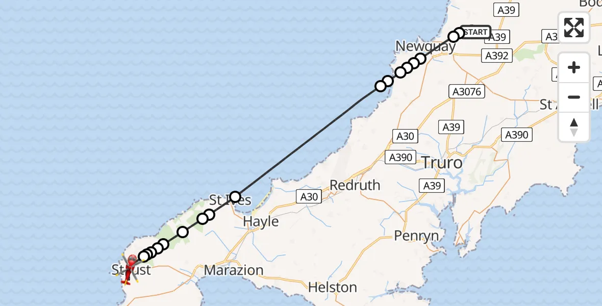 Flight route Air Ambulance Helicopter Cornwall Airport Newquay - St Just, 15 May 2026, 00:01