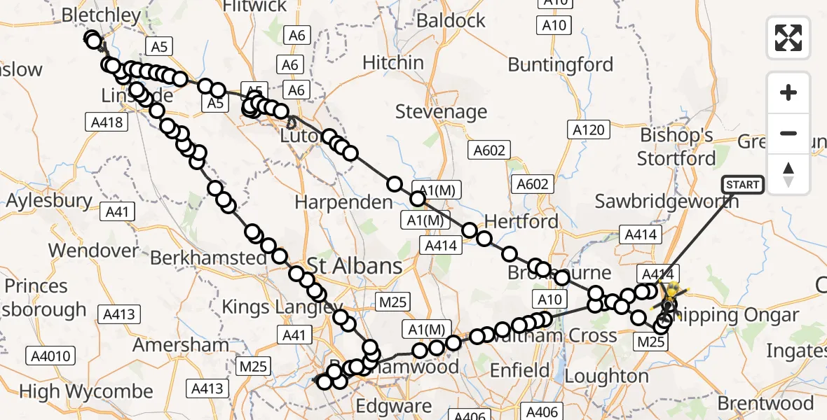 Flight route Police Helicopter Hatfield Broad Oak - North Weald Airfield, 15 May 2026, 00:19