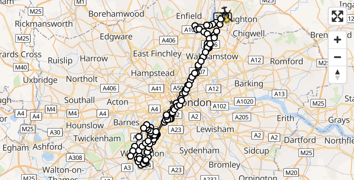 Flight route Police Helicopter Sewardstonebury - Metropolitan Police Air Support Unit Lippitts Hill, 15 May 2026, 00:39