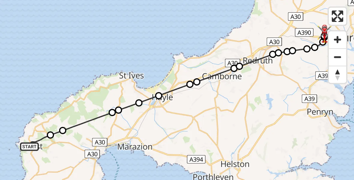 Flight route Air Ambulance Helicopter St Just - Treliske Hospital, 15 May 2026, 01:13