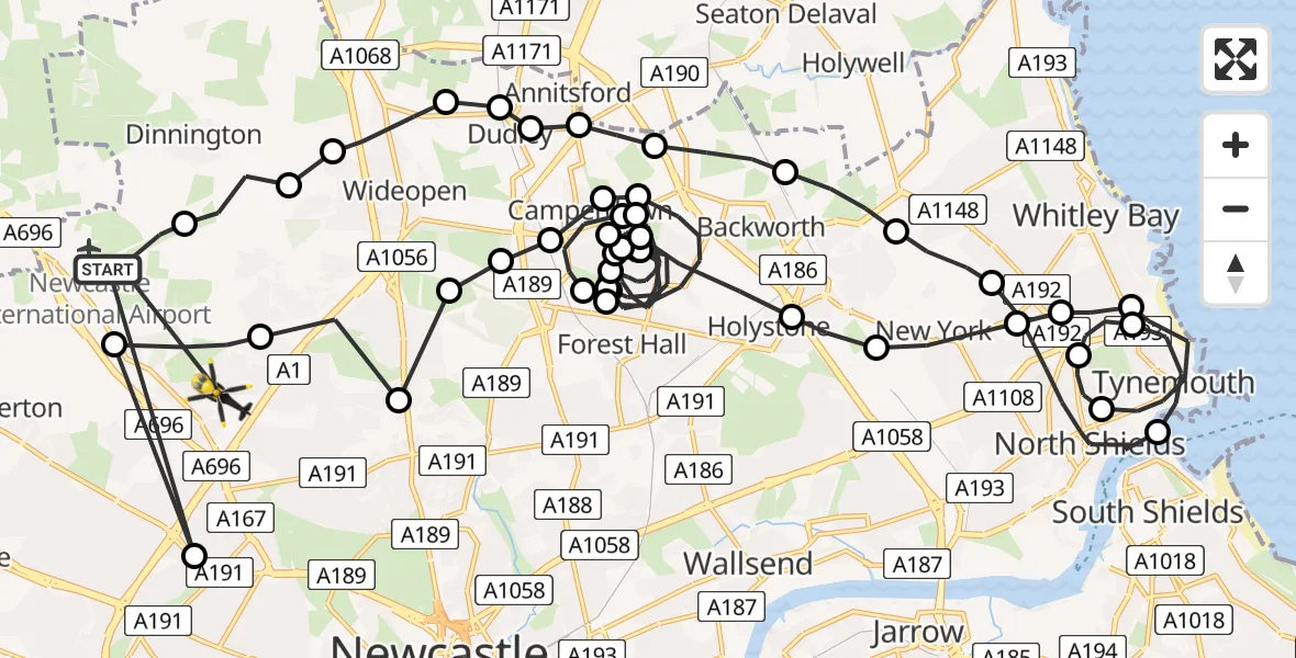 Flight route Police Helicopter Newcastle International Airport - Newcastle upon Tyne, 15 May 2026, 01:14