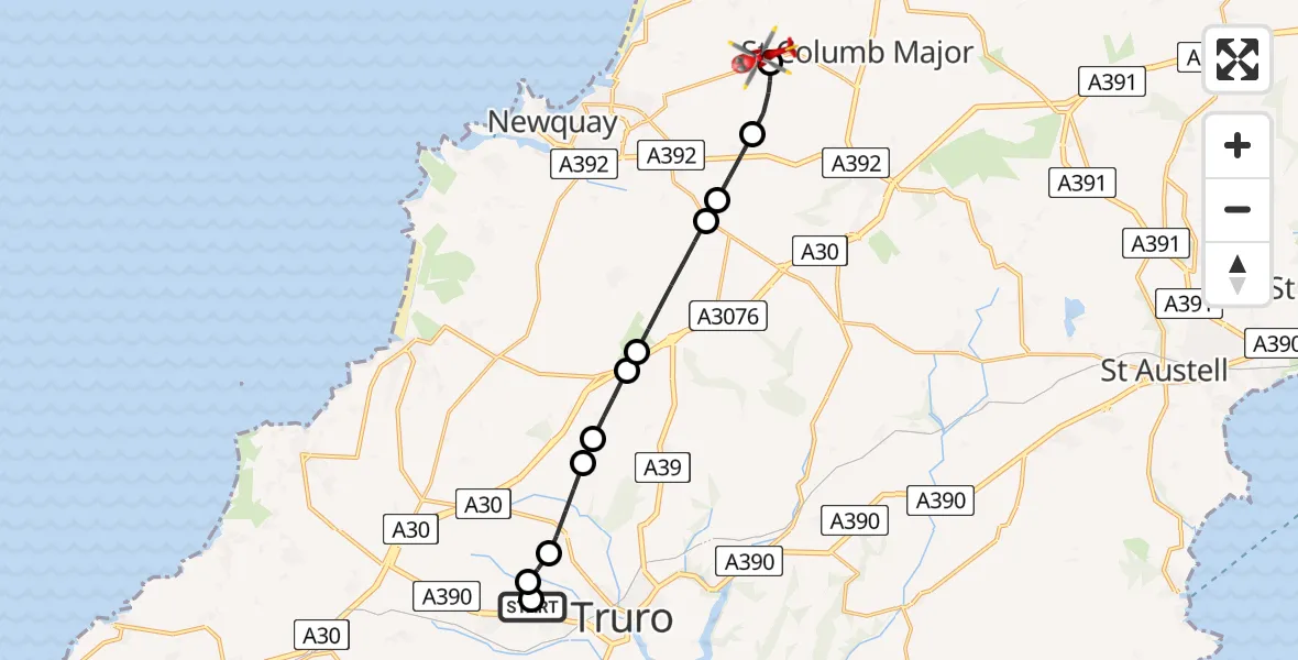 Flight route Air Ambulance Helicopter Treliske Hospital - Cornwall Airport Newquay, 15 May 2026, 01:47
