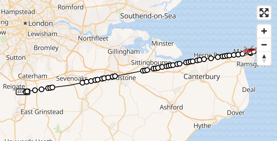 Flight route Air Ambulance Helicopter Redhill Aerodrome - Margate, 15 May 2026, 02:24