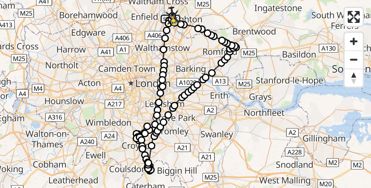 Flight route Police Helicopter Sewardstonebury - Metropolitan Police Air Support Unit Lippitts Hill, 15 May 2026, 03:22