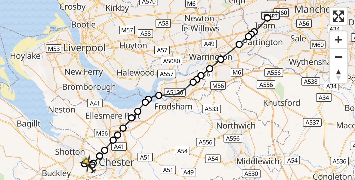 Flight route Police Helicopter Irlam - Hawarden Airport, 15 May 2026, 03:22