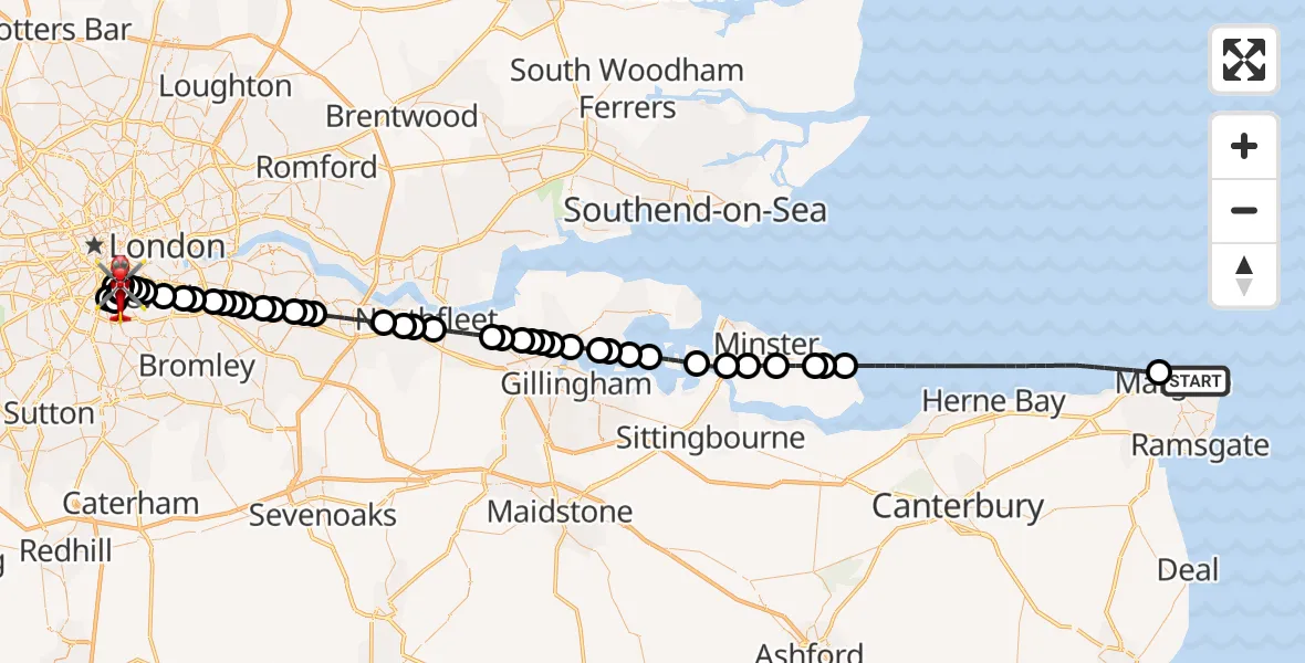 Flight route Air Ambulance Helicopter Margate - Kings College London Hospital, 15 May 2026, 03:32