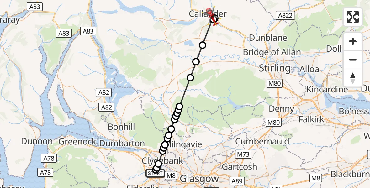 Flight route Air Ambulance Helicopter Glasgow Airport - Stirling, 15 May 2026, 03:35