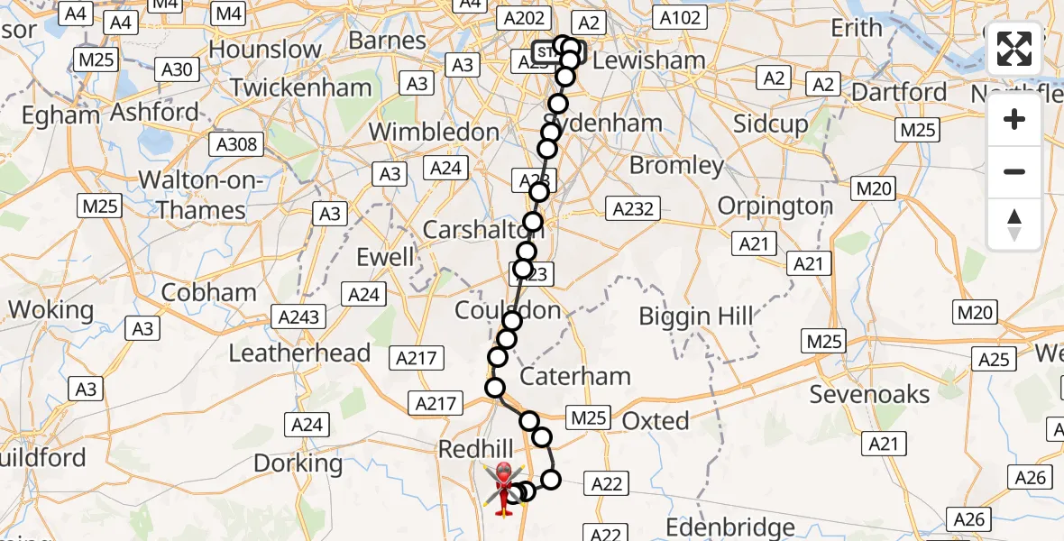 Flight route Air Ambulance Helicopter Kings College London Hospital - Redhill Aerodrome, 15 May 2026, 04:43