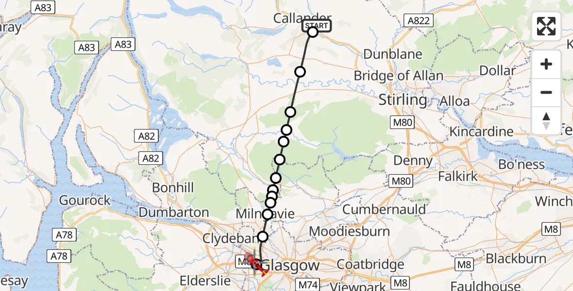 Flight route Air Ambulance Helicopter Keltie Bridge - Queen Elizabeth Hospital, 15 May 2026, 05:09