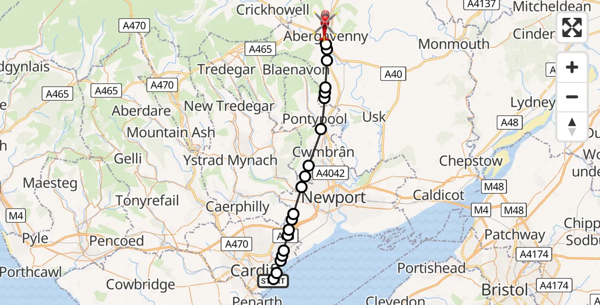 Flight route Air Ambulance Helicopter Cardiff Heliport - Abergavenny, 15 May 2026, 05:26
