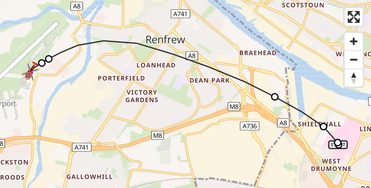 Flight route Air Ambulance Helicopter Queen Elizabeth Hospital - Glasgow Airport, 15 May 2026, 05:58