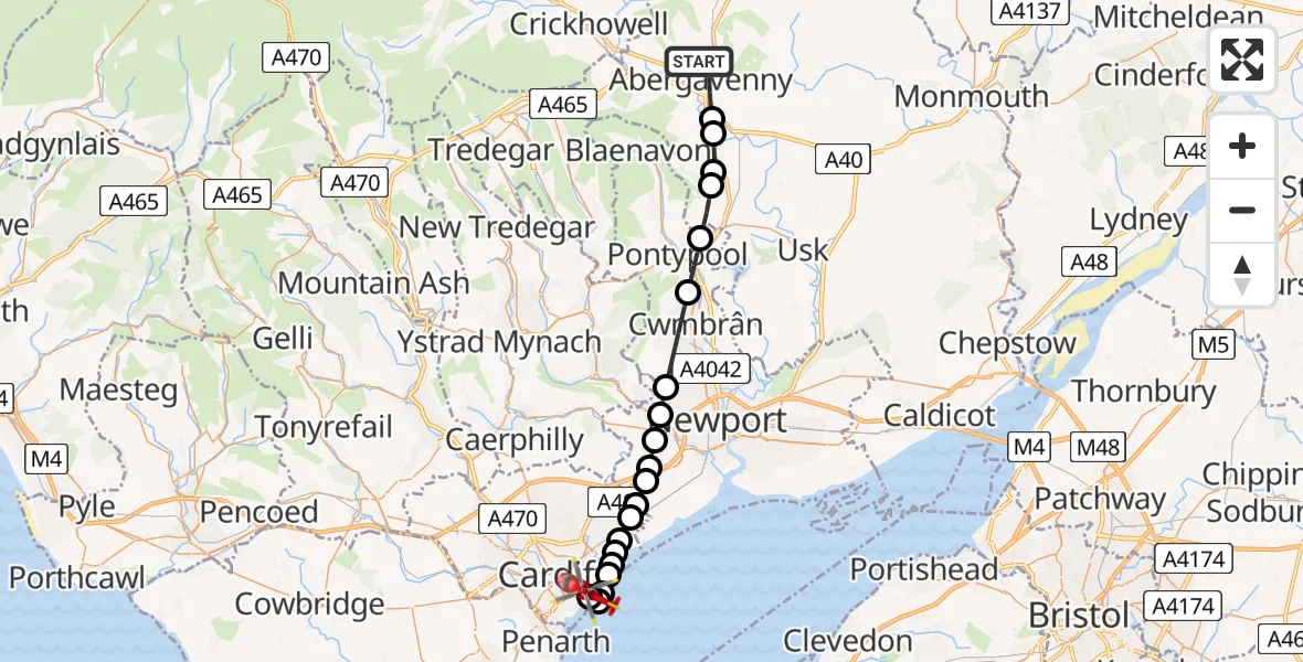 Flight route Air Ambulance Helicopter Abergavenny - Cardiff Heliport, 15 May 2026, 06:16