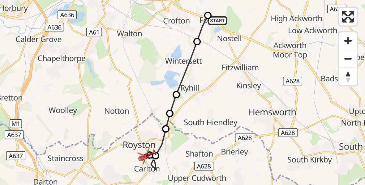Flight route Air Ambulance Helicopter YAA Nostell Helicopter Port - Royston, 15 May 2026, 06:55